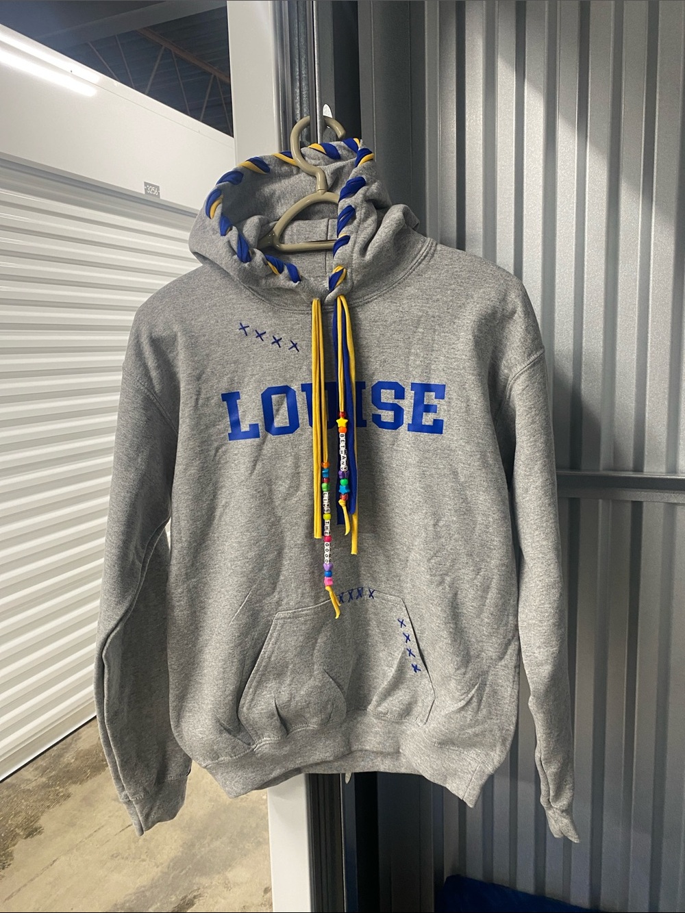 Gray Custom Camp Louise Pullover Hoodie with Blue Lettering